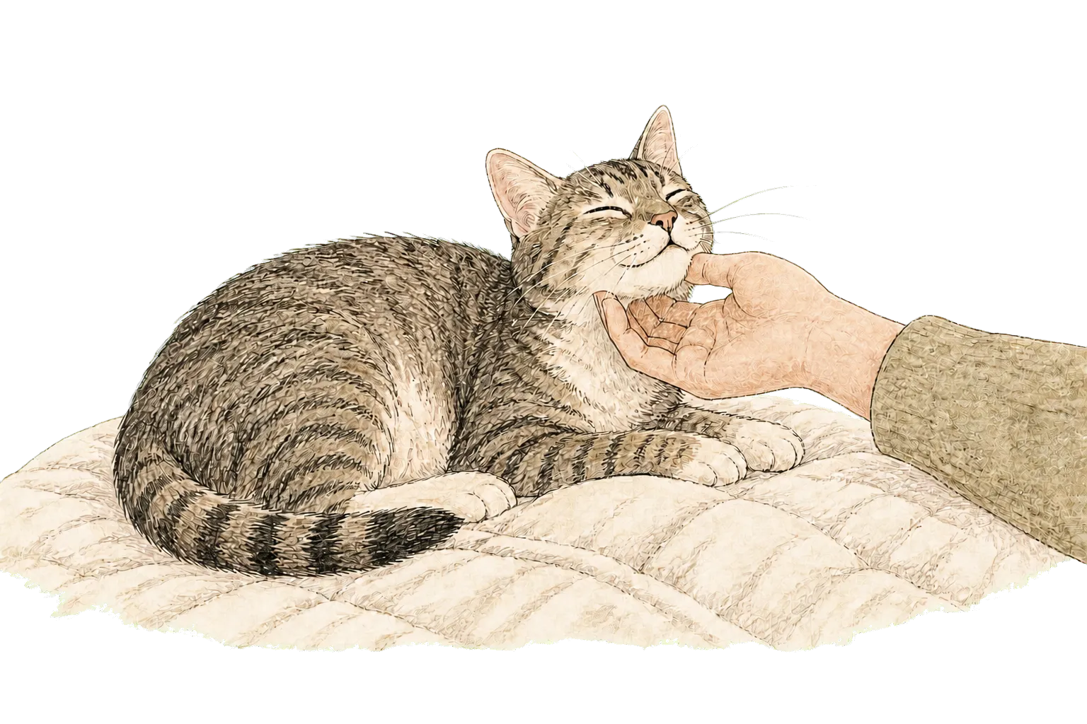 A hand-drawn tabby cat resting contentedly as a companion gently scratches under its chin