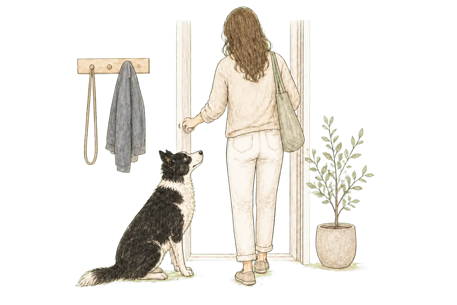 A hand-drawn black-and-white dog looking up at its companion as she steps through the doorway
