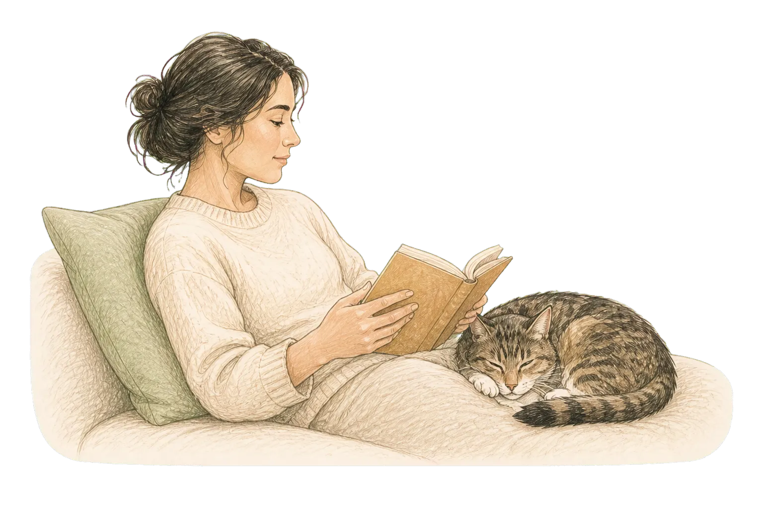 A hand-drawn woman reading while a tabby cat sleeps curled beside her in its familiar place