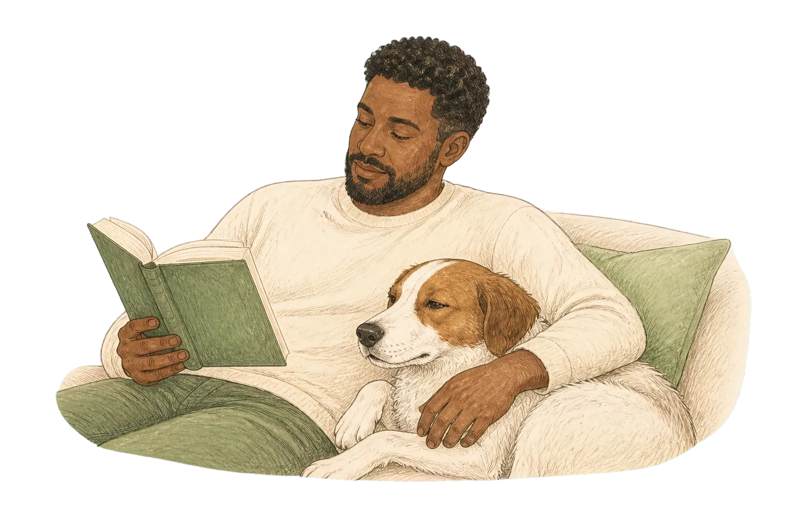A hand-drawn man reading with a relaxed brown-and-white dog resting closely beside him